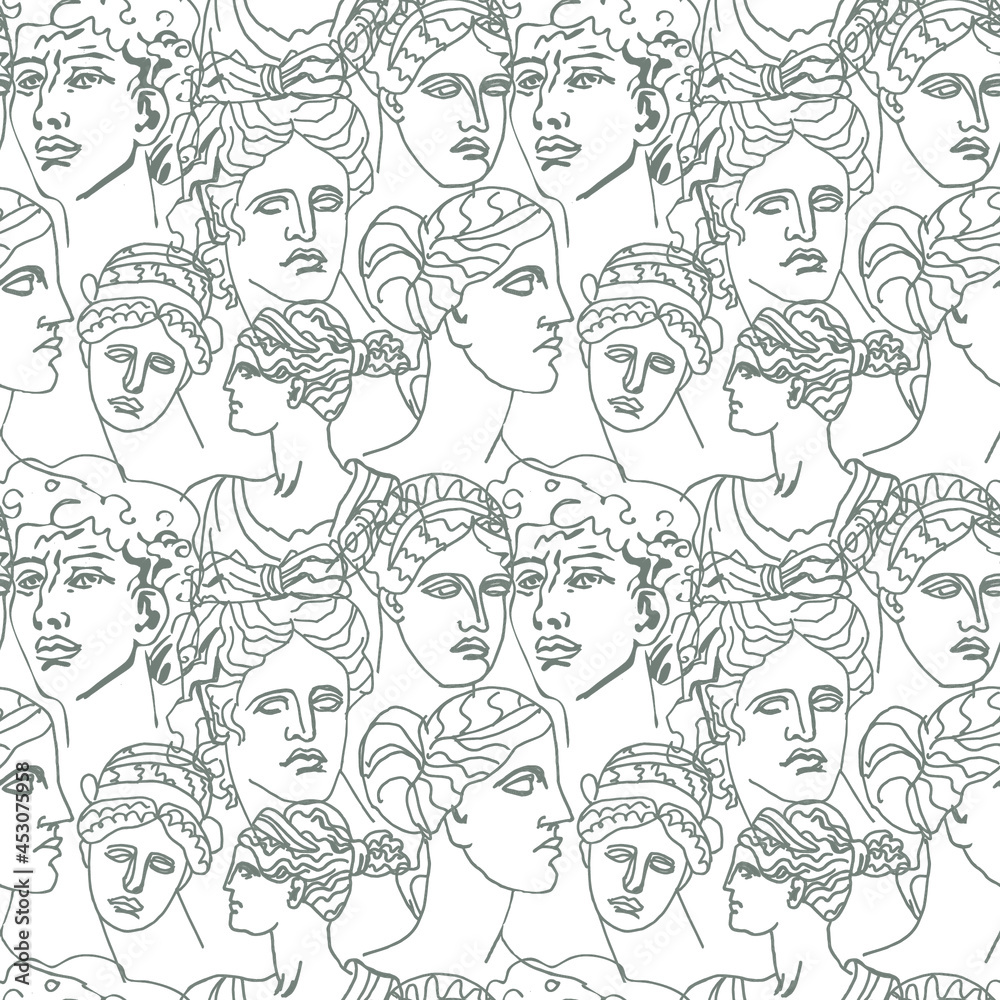 Vector seamless pattern with Greek ancient gods with gray colors. Repeating hand drawn ornament on white isolated background. Designs for textiles, fabric, wrapping paper, packaging, invitations. 