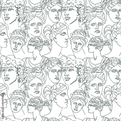 Vector seamless pattern with Greek ancient gods with gray colors. Repeating hand drawn ornament on white isolated background. Designs for textiles  fabric  wrapping paper  packaging  invitations. 