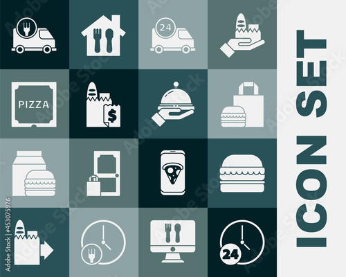 Set Clock 24 hours, Burger, Online ordering burger delivery, Fast by car, and, Pizza cardboard box, and Covered with tray of food icon. Vector