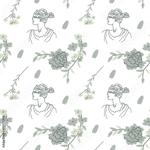 Vector seamless pattern with Greek ancient gods with gray colors. Repeating hand drawn ornament on white isolated background. Designs for textiles, fabric, wrapping paper, packaging, invitations. 