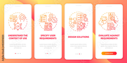 User-driven development onboarding mobile app page screen. Product evaluation walkthrough 4 steps graphic instructions with concepts. UI, UX, GUI vector template with linear color illustrations