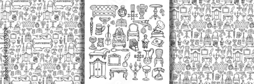 Antiques doodle objects set and seamless patterns