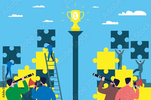 Teamwork business concept. Businessmen and employees of the company build a business from puzzles as symbols of a part of the company and compete with each other for the first place in the industry