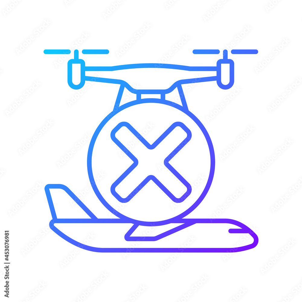 Dont fly near aircrafts gradient linear vector manual label icon. Avoiding airports. Thin line color symbol. Modern style pictogram. Vector isolated outline drawing for product use instructions Dont fly near aircrafts gradient linear vector manual label icon. Avoiding airports. Thin line color symbol. Modern style pictogram. Vector isolated outline drawing for product use instructions