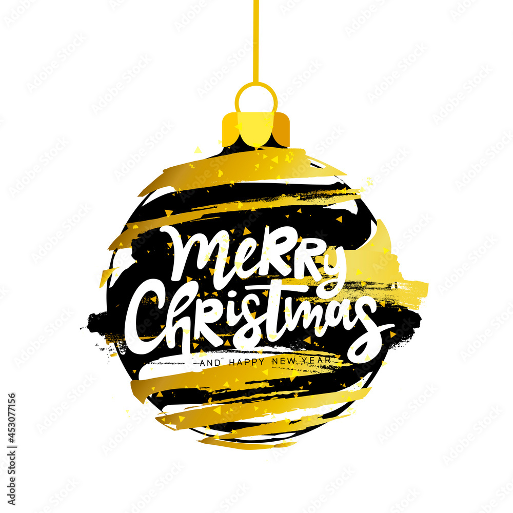 Φωτογραφία Lettering Merry Christmas and Happy New Year! Gold Christmas ball with black accents, fireworks and confetti