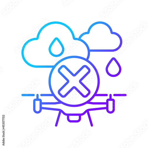 Dont fly when heavy rain gradient linear vector manual label icon. Moisture exposure. Thin line color symbol. Modern style pictogram. Vector isolated outline drawing for product use instructions