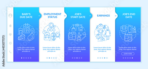 Calculating parental pay requirements onboarding vector template. Responsive mobile website with icons. Web page walkthrough 5 step screens. Color concept with linear illustrations