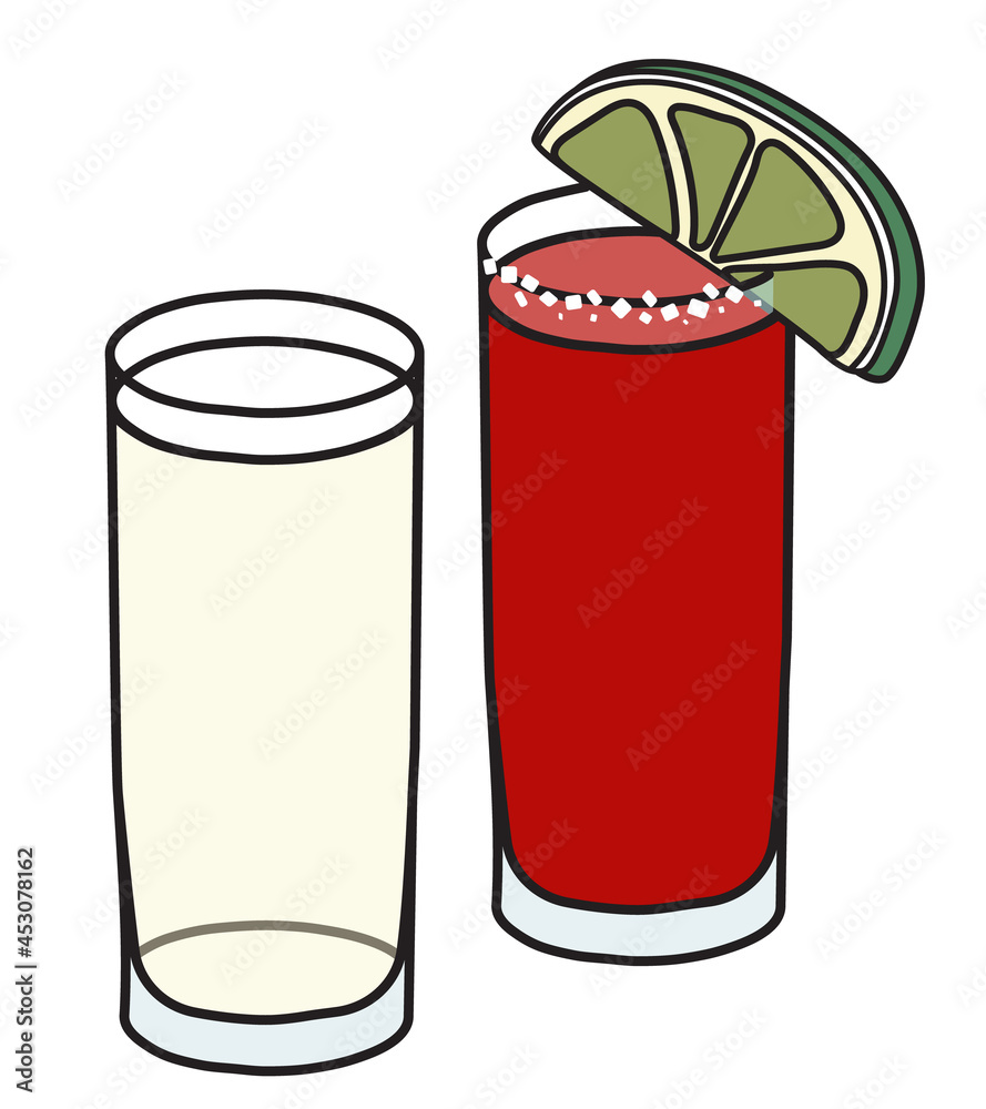 Stylish hand-drawn doodle cartoon hipster style vector illustration. A pair of layered shot shooter glasses with tequila and red hot spicy Mexican sangrita garnished with lime and salt Stylish hand-drawn doodle cartoon hipster style vector illustration. A pair of layered shot shooter glasses with tequila and red hot spicy Mexican sangrita garnished with lime and salt