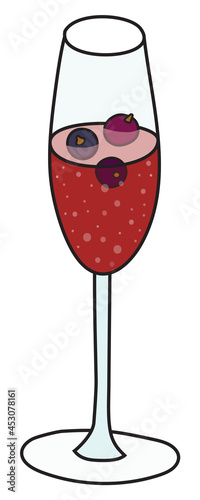 Doodle cartoon hipster style colored vector illustration. A white sparkling wine, cava, champagne or prosecco flute glass. Good for bar restaurant menu ads decoration, poster or card