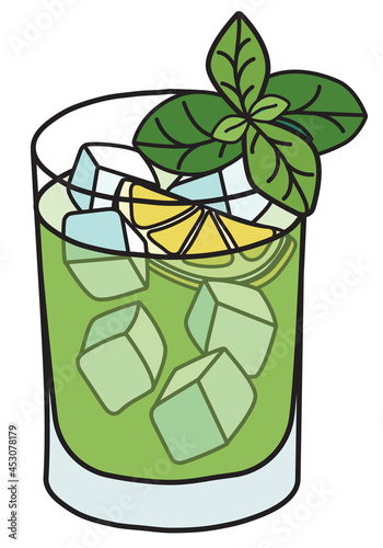 Stylish hand-drawn doodle cartoon hipster style cool fresh green gin basil smash cocktail garnished with lime rosemary and berries. Vector illustration good for bar menu, alcohol cook book recipe