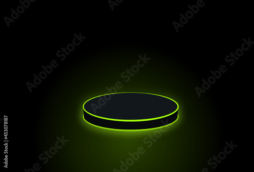Empty neon stage for product replacement with futuristic green neon light background.