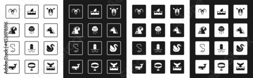 Set Rhinoceros, Jellyfish, Macaw parrot, Head of goat or ram, Horse head, Shark fin ocean wave, Swan bird and Worm icon. Vector