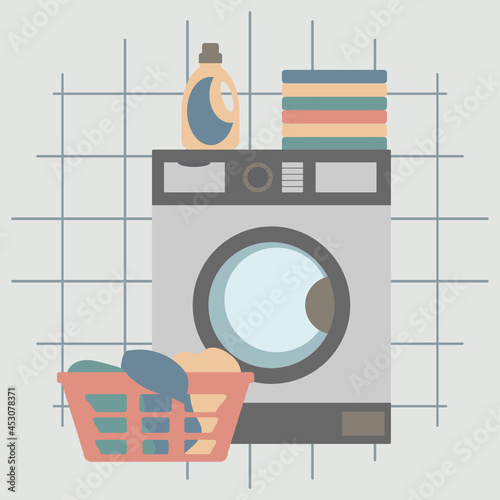 Washing machine with clear clothes, basket and detergents. Vector laundry room background