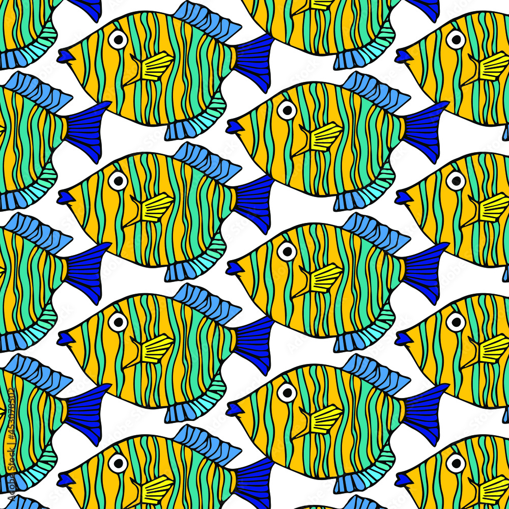Seamless pattern with fish isolated on white background. Animal in doodle style yellow and blue colors. Vector illustration Seamless pattern with fish isolated on white background. Animal in doodle style yellow and blue colors. Vector illustration