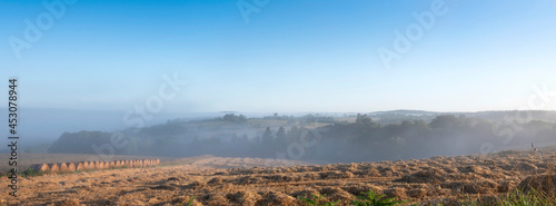 rural countryside landscape of central brittany on early misty summer morning in france
