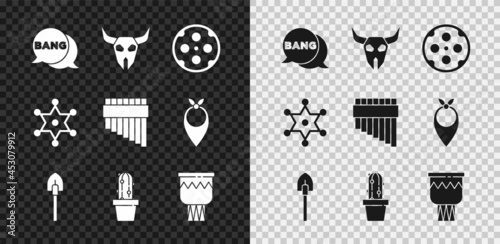 Set Bang boom, gun Comic, Buffalo skull, Revolver cylinder, Shovel, Cactus peyote pot, Drum, Hexagram sheriff and Pan flute icon. Vector