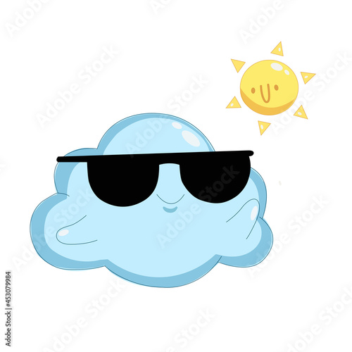 a cheerful cloud in sunny black glasses is cool with a hot friend the sun
