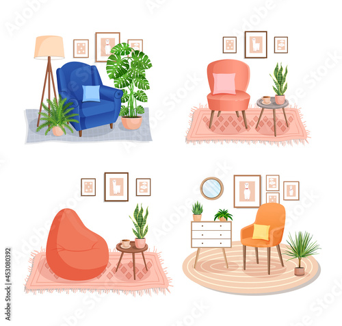 Set of cute interiors with chair, armchair and beanbag. Cute interior with modern furniture and houseplants. Vector flat style illustration. Trendy scandinavian hygge apartment, living room.