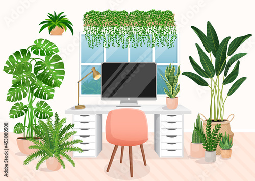 Cozy workplace with houseplants. Modern interior for home office with computer, cabinet, remote work, freelancing, teaching. Vector illustration in flat cartoon style. Comfortable workspace.