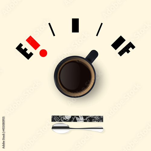 Coffee break. Vector 3d realistic black mug with black coffee and fuel level gauge on a white background. Concept banner with a cup of coffee. Design template. View from above