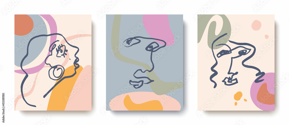 Trendy abstract designer greeting cards with faces in pastel colors.Applicable for the design of offices,home spaces, banners, postcards.invitations