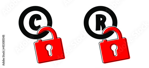 Secure or security symbol. copyright and registered trademark sign. Padlock icons. Closed or look icon. Flat vector locks signs. Close padlocks. Business pictogram. C or R symbol.