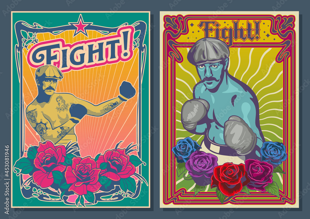 Retro Boxers and Roses, Art Nouveau Style Frames, Psychedelic Color posters 