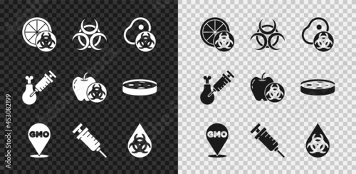 Set Genetically modified orange, Biohazard symbol, meat, GMO, Syringe, Gmo research chicken and apple icon. Vector