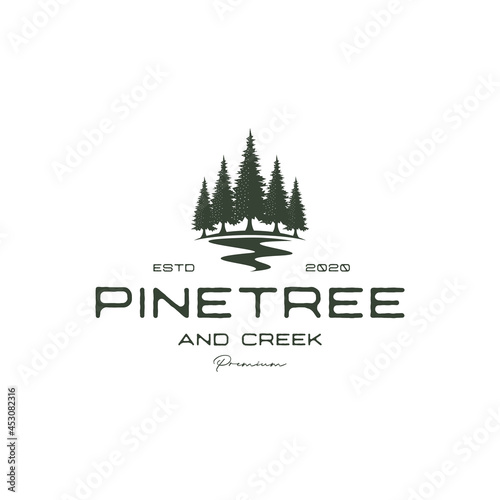 vintage retro hipster pine tree and river or creek evergreen timberland logo design vector