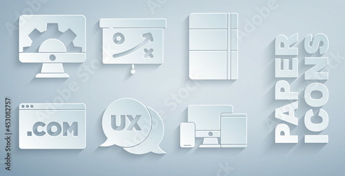 Set UI or UX design, Sketchbook album, Monitor, mobile, tablet, Planning strategy concept and Web development icon. Vector
