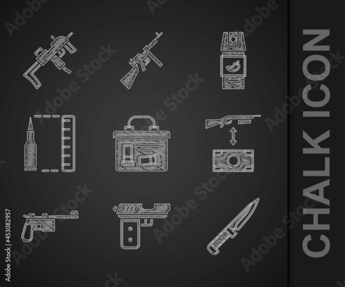 Set Military ammunition box, Pistol or gun, knife, Buying assault rifle, Mauser, Bullet, Pepper spray and MP9I submachine icon. Vector photo