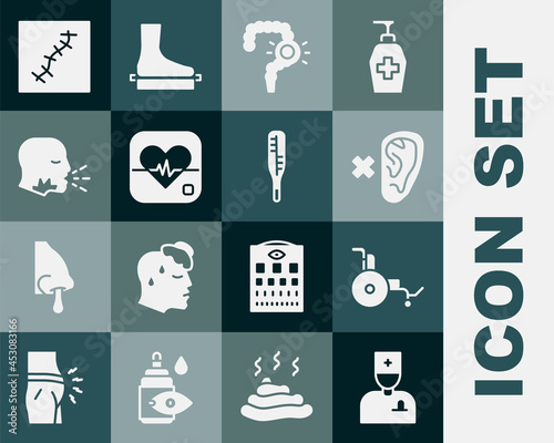 Set Male doctor, Wheelchair, Deaf, Gut constipation, Heart rate, Man coughing, Scar with suture and Medical thermometer icon. Vector