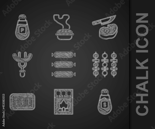 Set Sausage, Matchbox and matches, Salt, Grilled shish kebab, Barbecue, on the fork, Steak meat knife and Pepper icon. Vector