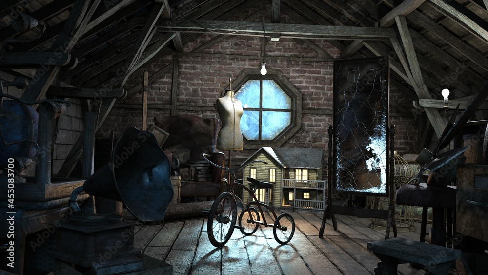 Abandoned attic with antiques. A classic scene from a horror movie. An