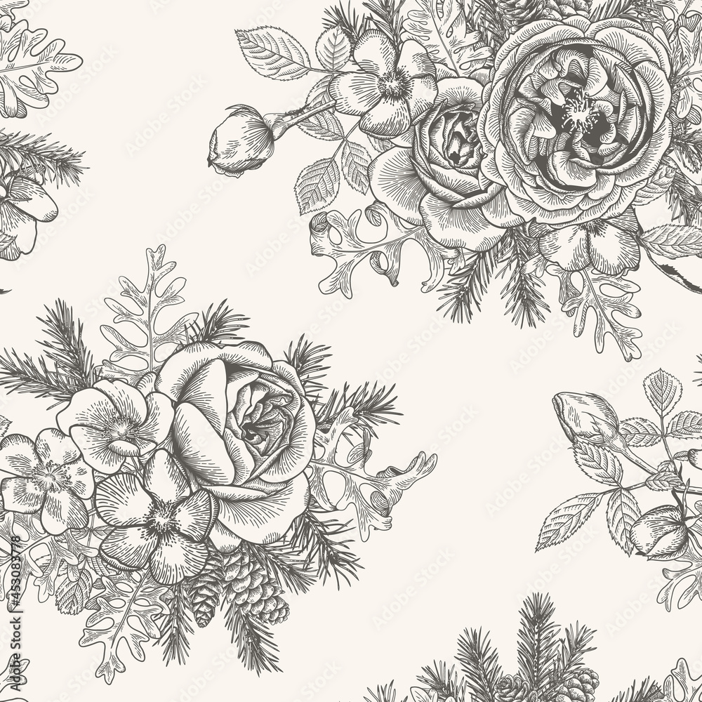 Vintage floral seamless pattern. Christmas background with spruce, cones, roses, wild roses.Black and White.