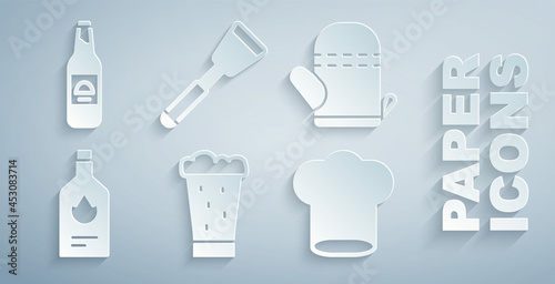 Set Glass of beer, Oven glove, Tabasco sauce, Chef hat, Spatula and Beer bottle icon. Vector