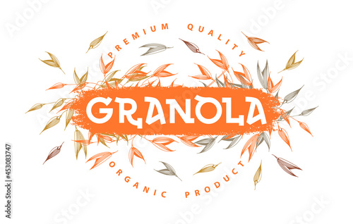 Granola logo vector template. Organic product premium quality. Healthy food logotype. Lettering composition with spikelets. Handwritten calligraphy.