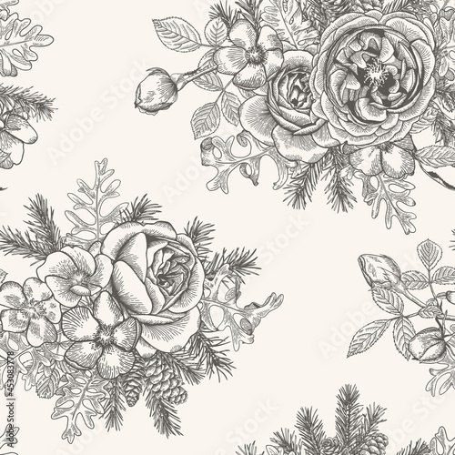 Wallpaper Mural Vintage floral seamless pattern. Christmas background with spruce, cones, roses, wild roses.Black and White. Torontodigital.ca