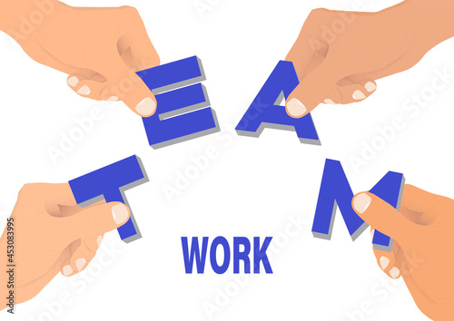 Hands connecting letter "TEAM" together, teamwork concept vector illustration