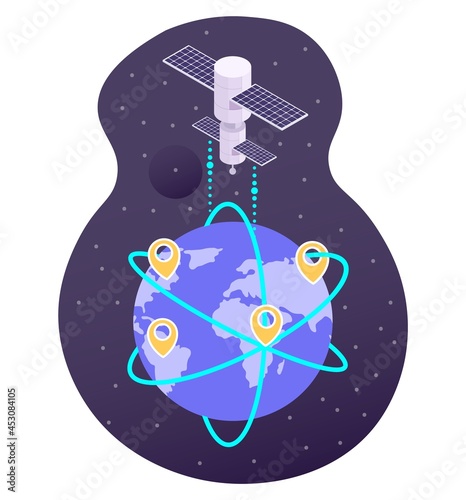 Satellite broadcasting signal from space to planet Earth, flat vector illustration. Gps and 5G high speed global network