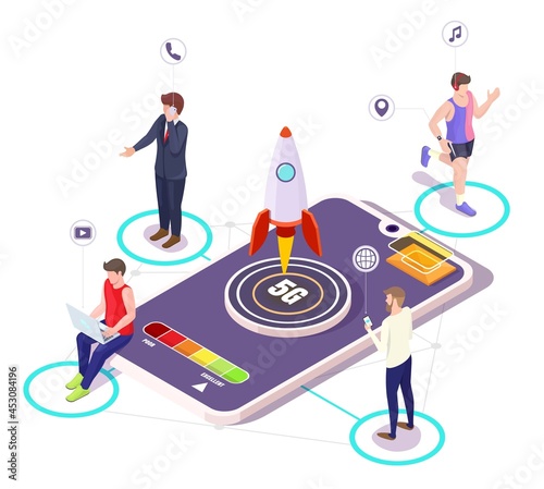 Isometric smartphone, 5g rocket startup. People using smartphones, laptop, vector illustration. Network wireless systems