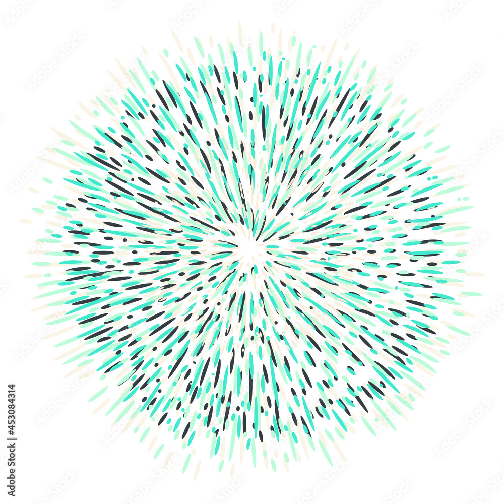 Obraz premium Explosion effect of random radial blue lines on a white background. Floral abstract circular pattern for printing on pillows, T-shirts, covers. Vector.