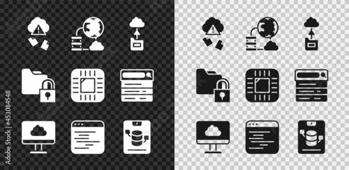Set Cloud hacking, Network cloud connection, technology data transfer, Software, Server, Data, Web Hosting, Folder and lock and Processor with CPU icon. Vector