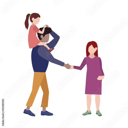 A happy family. The father is holding the child on his shoulders. Pregnant woman. Vector illustration