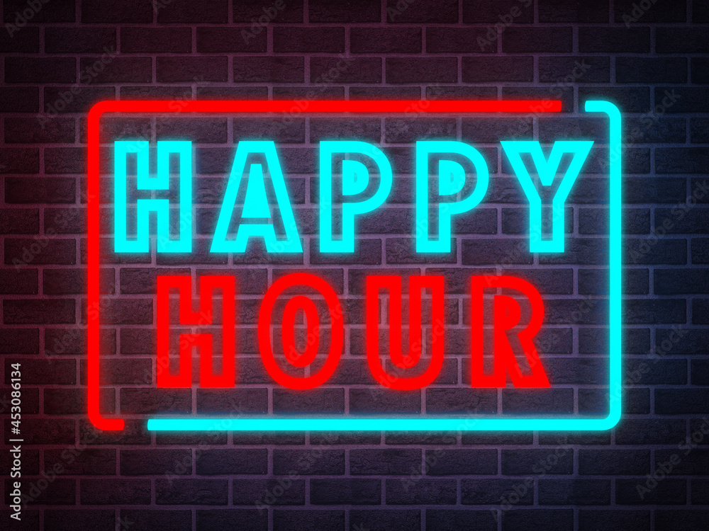 HAPPY HOUR neon glowing sign on dark wall