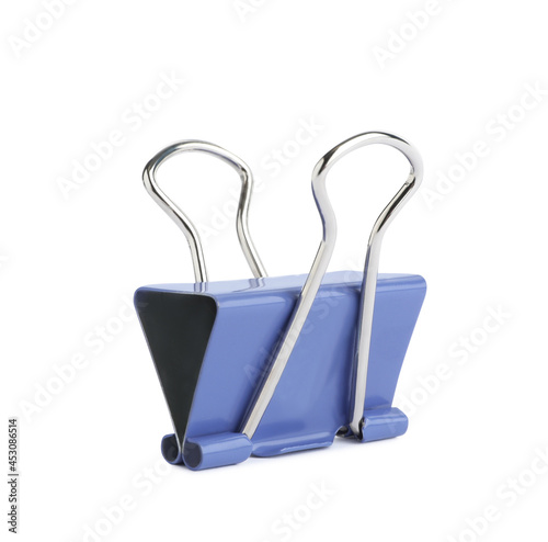 Blue binder clip isolated on white. Stationery item