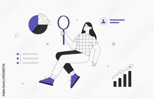 Young woman holds a magnifying glass and analyzes economic statistic, diagram, infographics. Flat style vector illustration.