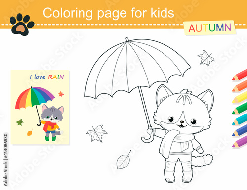 Photography Coloring book of cute gray cat with umbrella