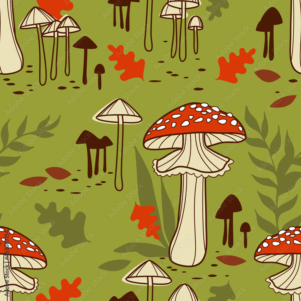 Children's seamless vector pattern of various edible and inedible mushrooms. Fly agaric, toadstool and leaves. To pick up mushrooms. Vector illustration. Light green background. Children's seamless vector pattern of various edible and inedible mushrooms. Fly agaric, toadstool and leaves. To pick up mushrooms. Vector illustration. Light green background.