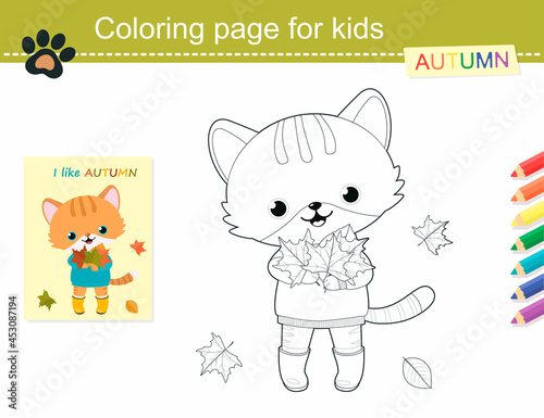 Coloring book of cute ginger cat with leaves. Vector illustration. Cartoon flat style